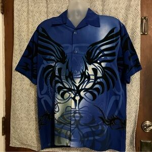 Vintage Dragonfly Shirt Mens M Blue Tribal Y2K Flame Button Up Grunge